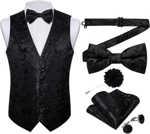DiBanGu Silk Paisley Vest for Men Formal Suit Waistcoat and Bowtie Lapel Pin Set 7PCS Dress Vest for Suit or Tuxedo