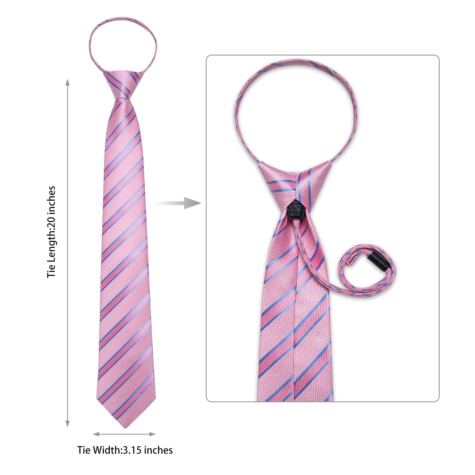 DiBanGu Silk Tie Baby Pink Striped Easy-pull Lazy Mens Tie Handkerchief Cufflinks Set