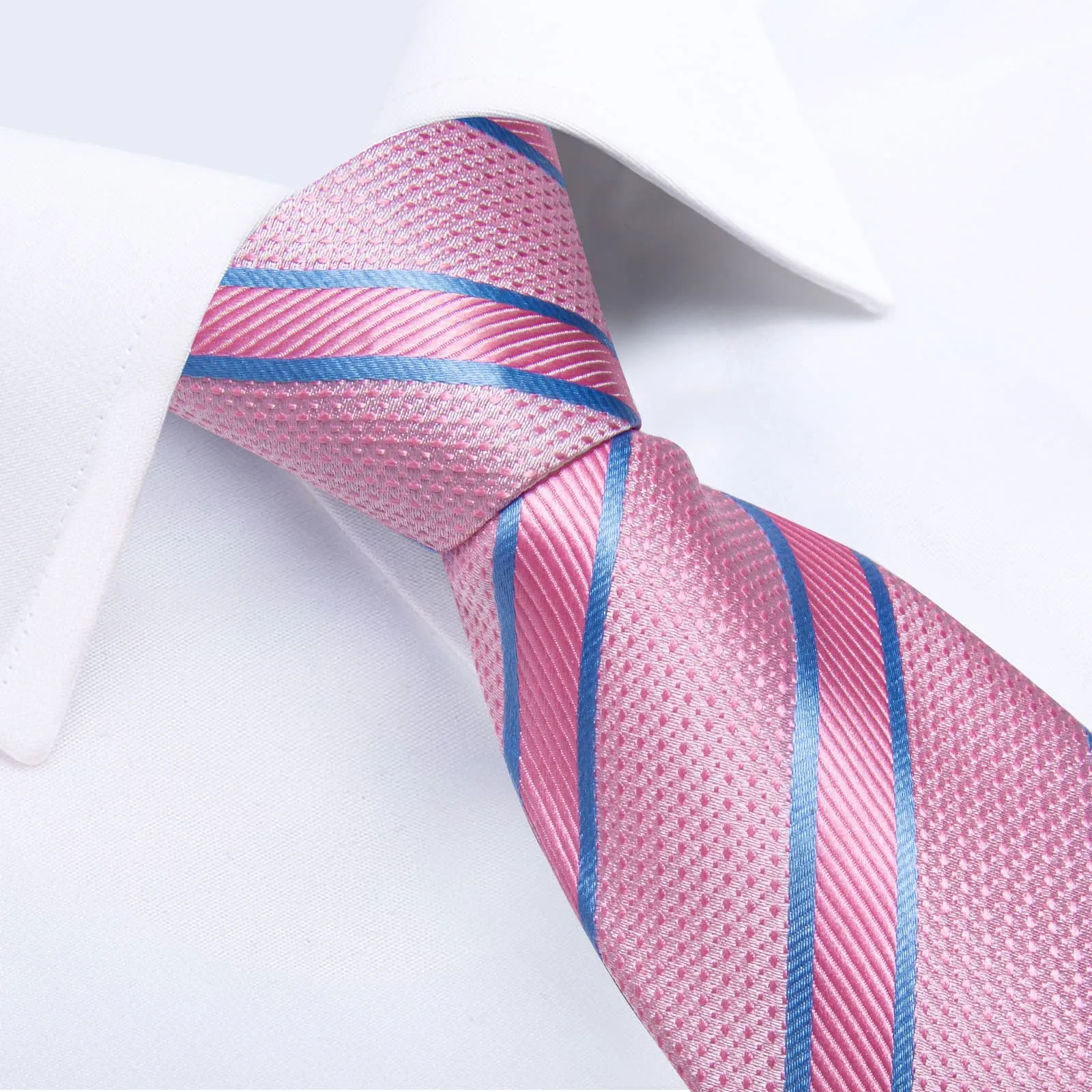 DiBanGu Silk Tie Baby Pink Striped Easy-pull Lazy Mens Tie Handkerchief Cufflinks Set