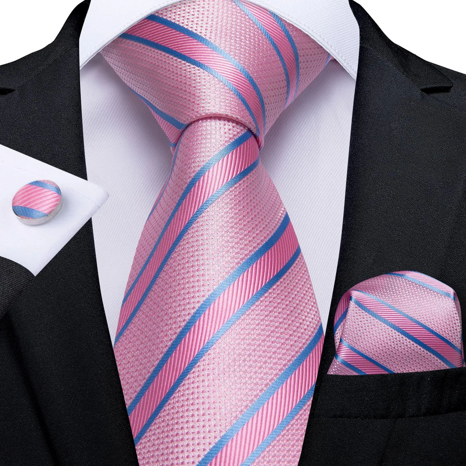 DiBanGu Silk Tie Baby Pink Striped Easy-pull Lazy Mens Tie Handkerchief Cufflinks Set