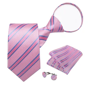 DiBanGu Silk Tie Baby Pink Striped Easy-pull Lazy Mens Tie Handkerchief Cufflinks Set