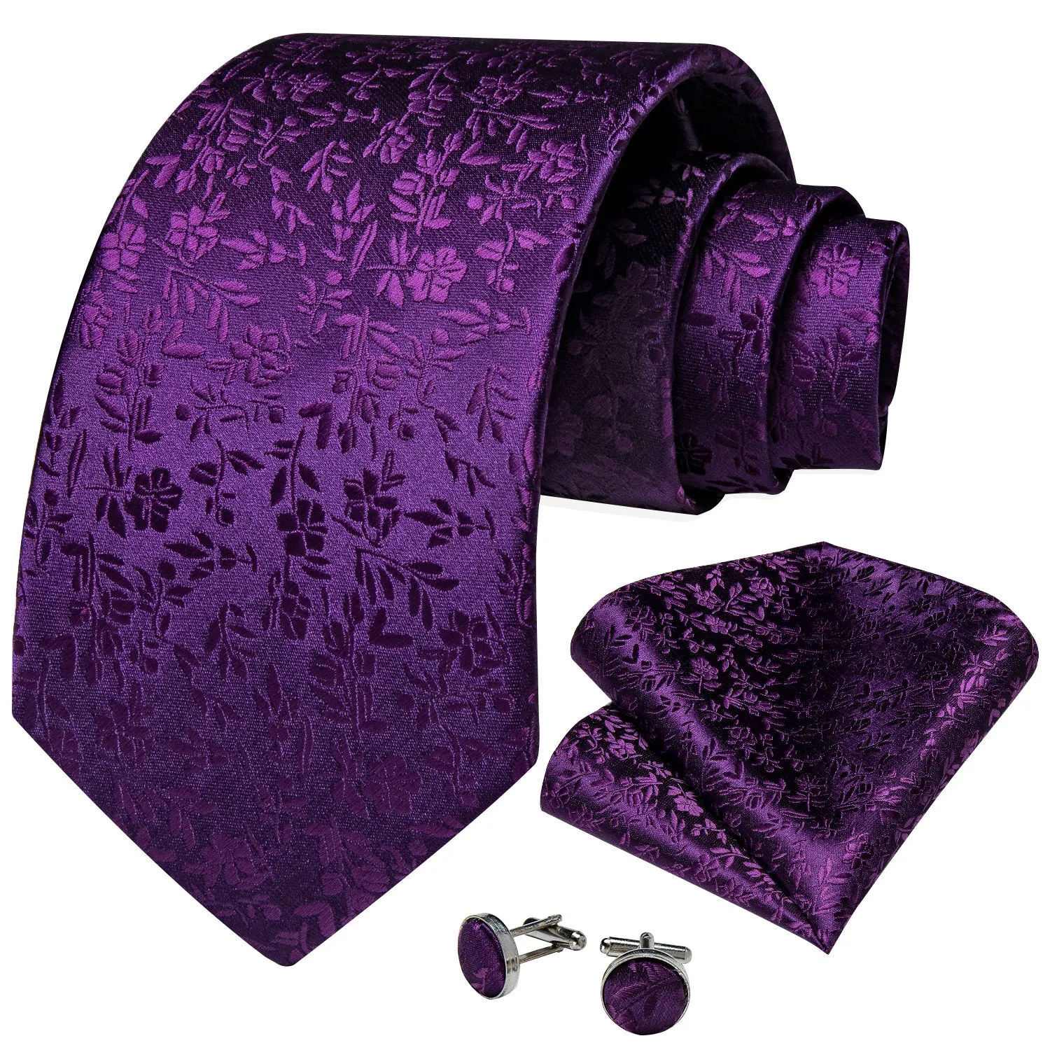 DiBanGu Silk Tie Purple Floral Mens Suit Tie Pocket Square Cufflinks Set