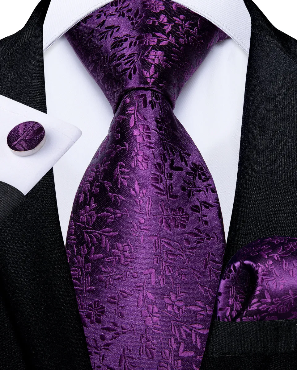 DiBanGu Silk Tie Purple Floral Mens Suit Tie Pocket Square Cufflinks Set