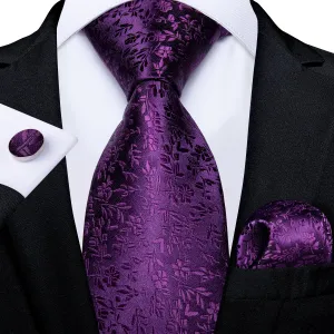 DiBanGu Silk Tie Purple Floral Mens Suit Tie Pocket Square Cufflinks Set