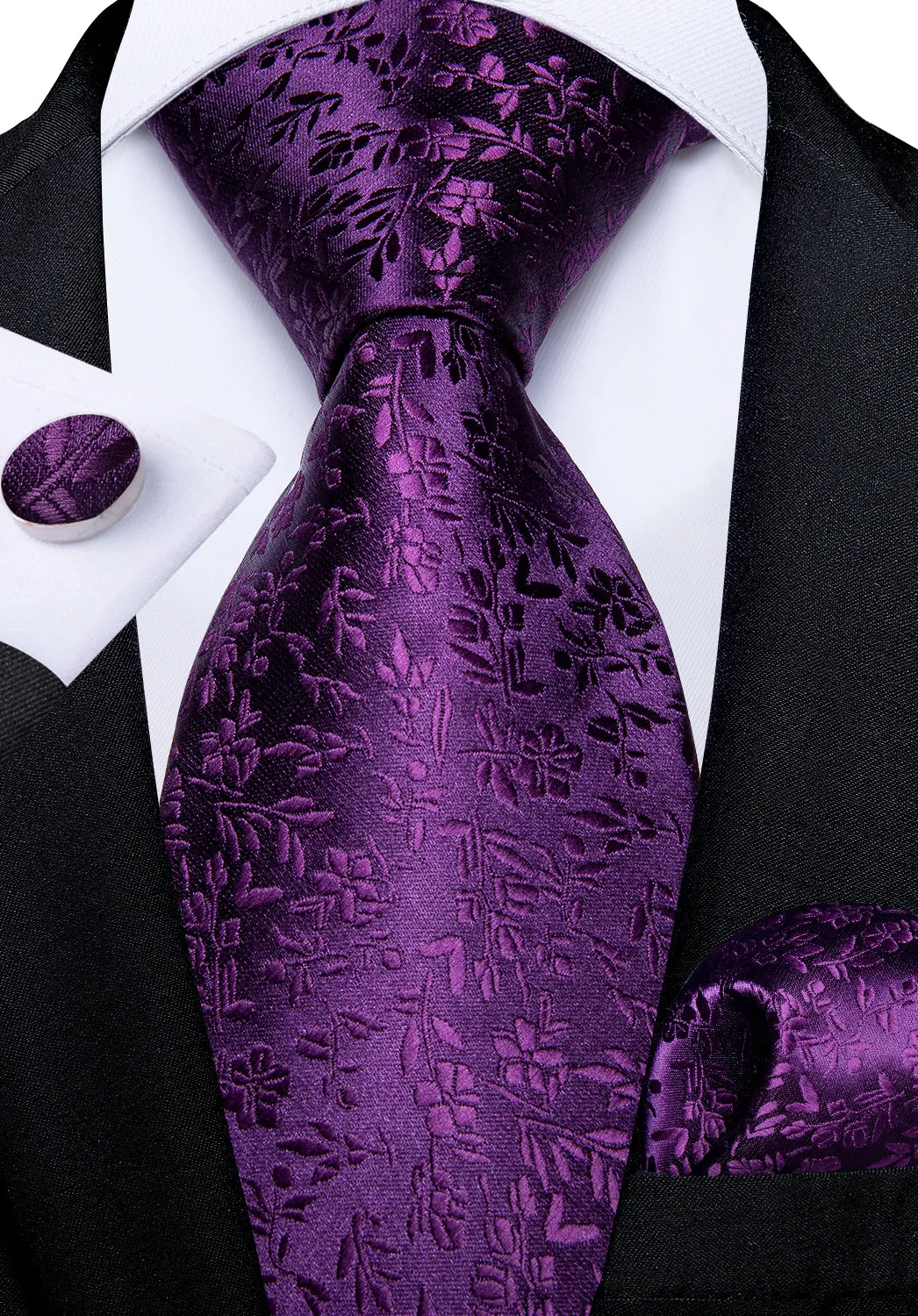 DiBanGu Silk Tie Purple Floral Mens Suit Tie Pocket Square Cufflinks Set