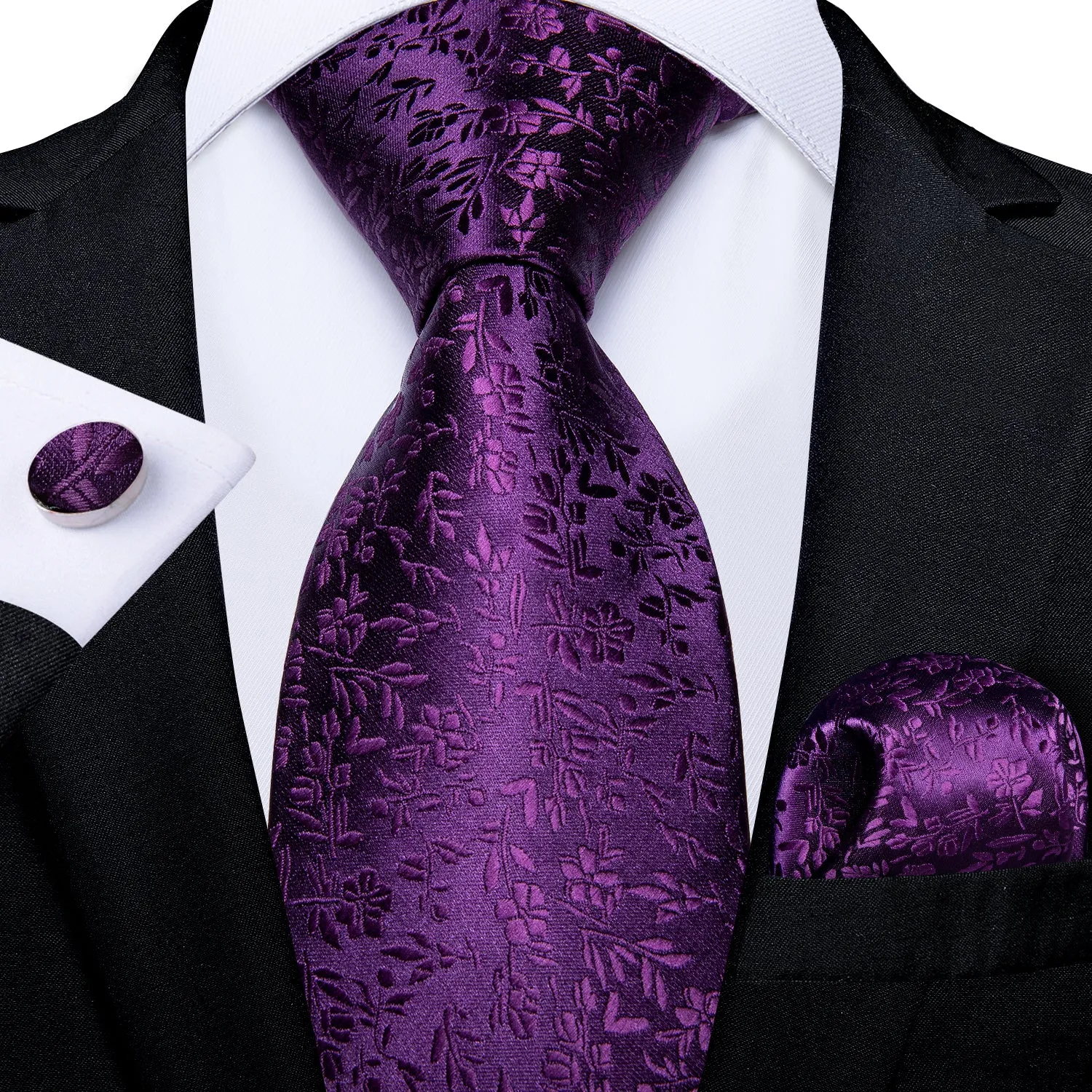DiBanGu Silk Tie Purple Floral Mens Suit Tie Pocket Square Cufflinks Set