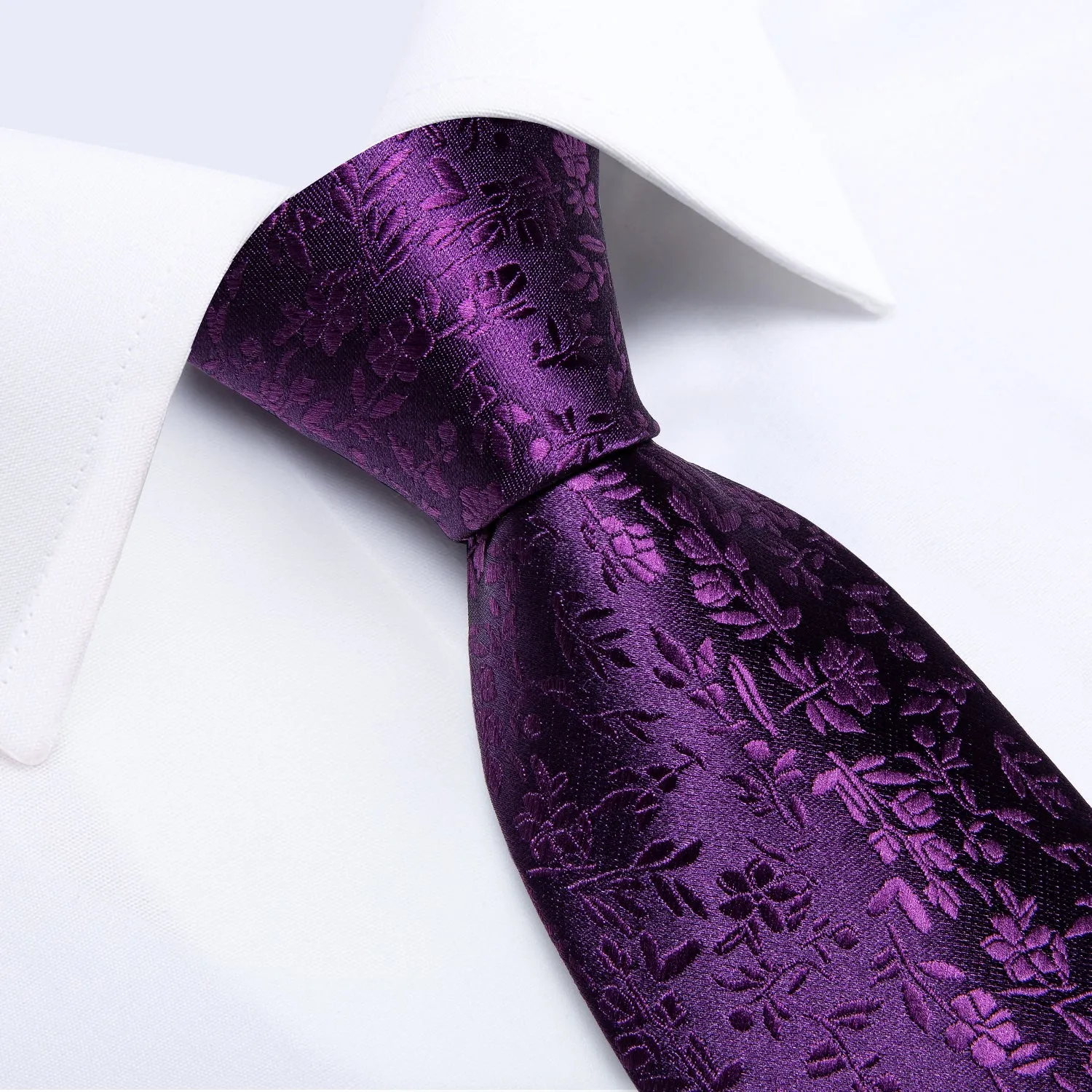 DiBanGu Silk Tie Purple Floral Mens Suit Tie Pocket Square Cufflinks Set
