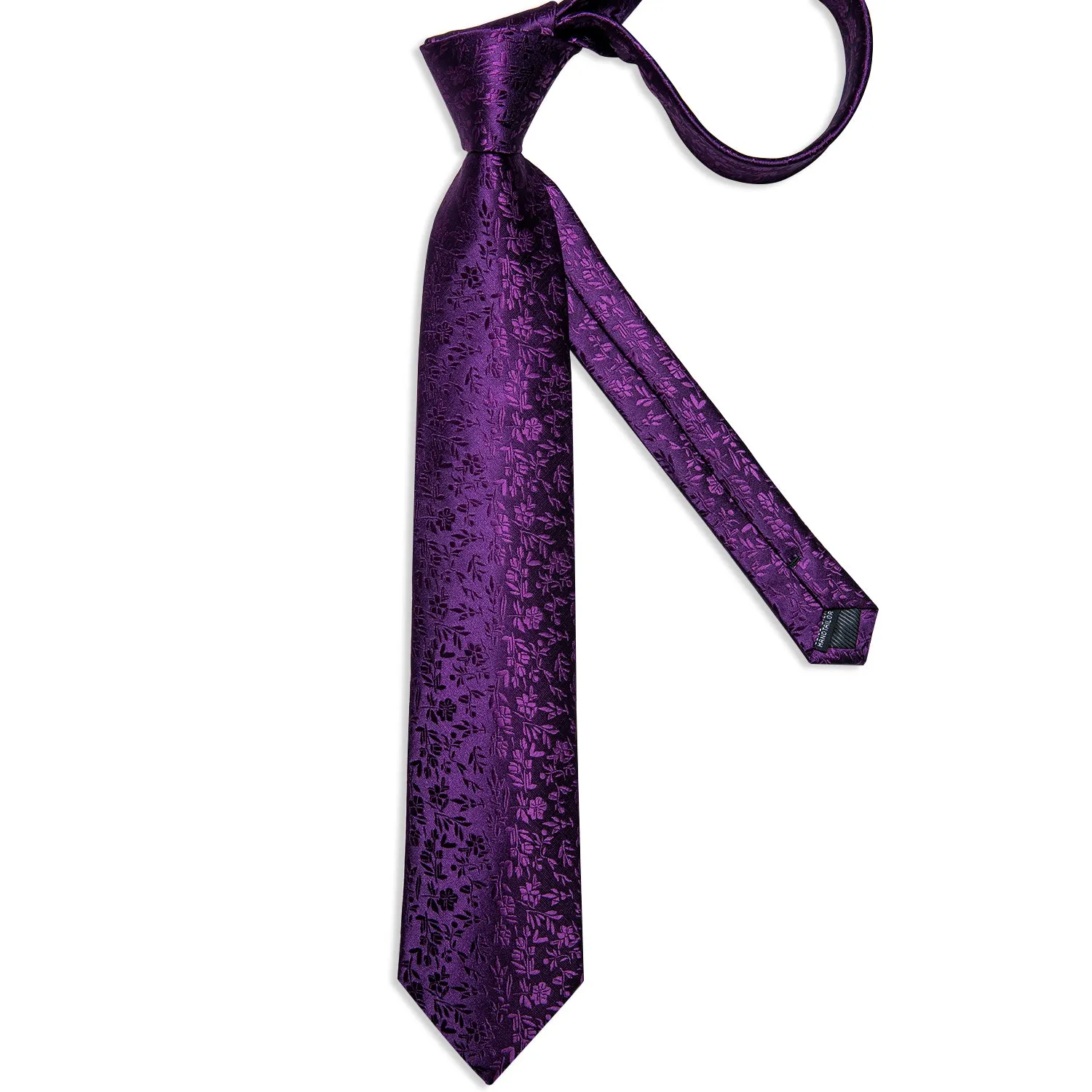 DiBanGu Silk Tie Purple Floral Mens Suit Tie Pocket Square Cufflinks Set