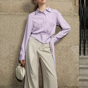 Elegant Bandage Shirt For Women Lapel Long Sleeve Solid Casual Button Through Blouse Female Clothes Autumn