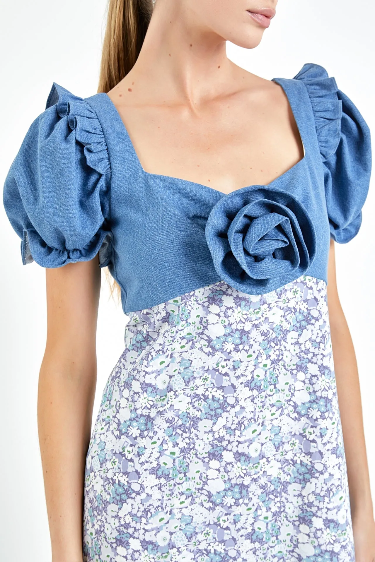 English Factory - Denim Combo Floral Print Maxi Dress