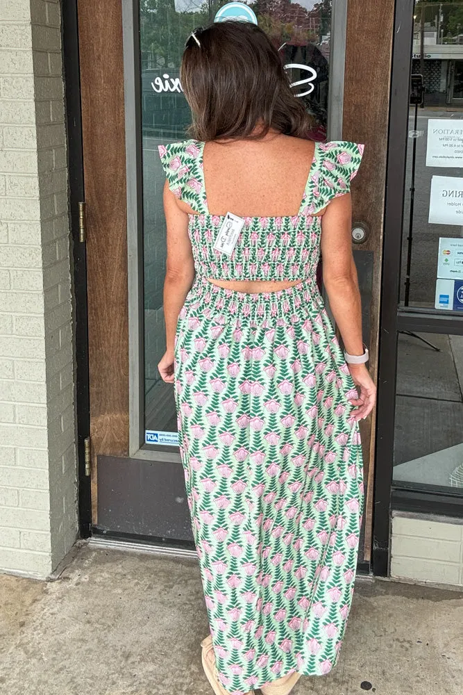 Floral Print Flying Sleeve Smocked Dress-Green