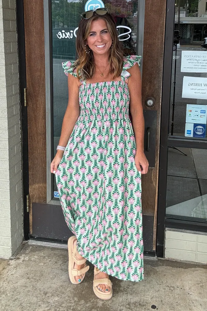Floral Print Flying Sleeve Smocked Dress-Green
