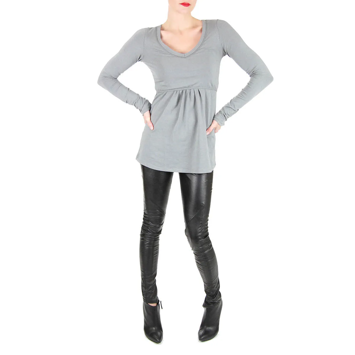 Grey Long Sleeve V-Neck T-Shirt