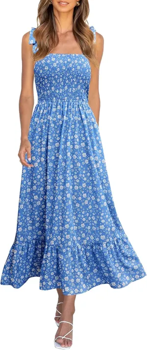 Imily Bela Womens Summer Dress Tie Strap Boho Floral Beach Dress Square Neck Ruffle Sun Dresses A Line Smocked Maxi Dress