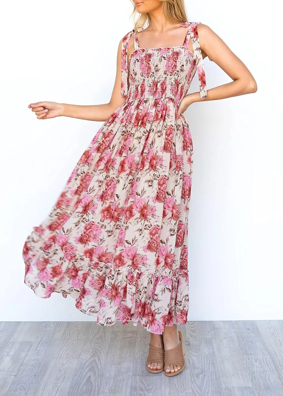 Imily Bela Womens Summer Dress Tie Strap Boho Floral Beach Dress Square Neck Ruffle Sun Dresses A Line Smocked Maxi Dress
