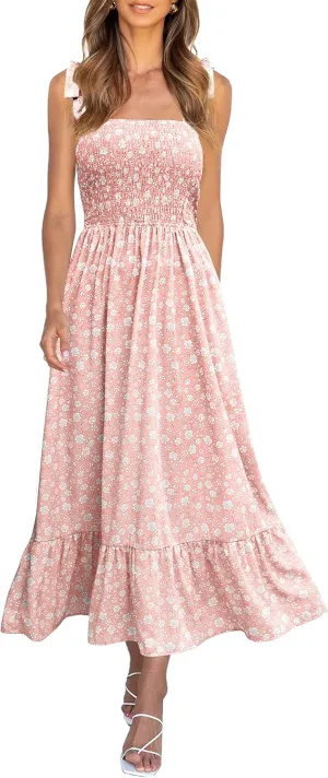 Imily Bela Womens Summer Dress Tie Strap Boho Floral Beach Dress Square Neck Ruffle Sun Dresses A Line Smocked Maxi Dress