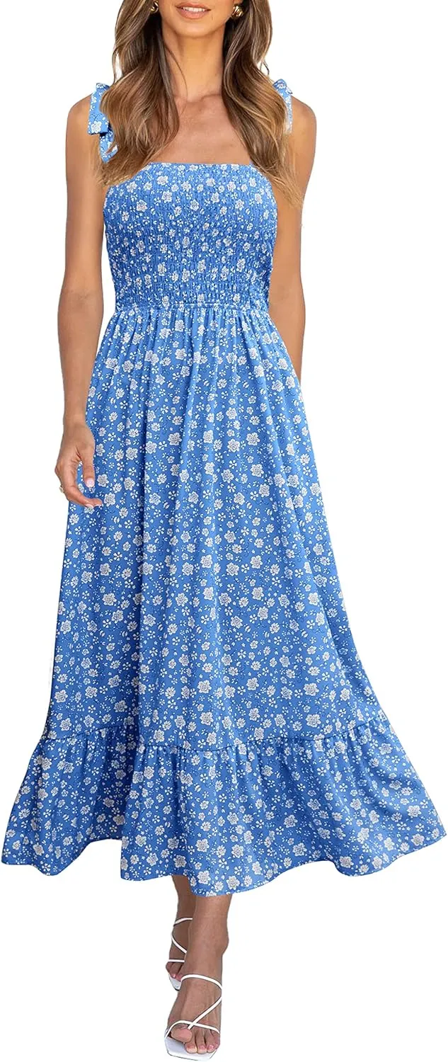 Imily Bela Womens Summer Dress Tie Strap Boho Floral Beach Dress Square Neck Ruffle Sun Dresses A Line Smocked Maxi Dress