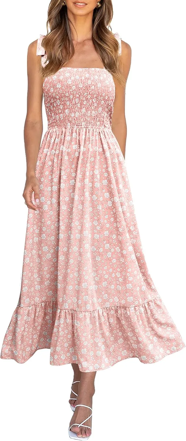 Imily Bela Womens Summer Dress Tie Strap Boho Floral Beach Dress Square Neck Ruffle Sun Dresses A Line Smocked Maxi Dress