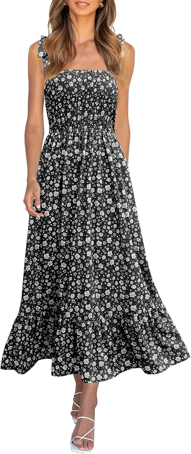 Imily Bela Womens Summer Dress Tie Strap Boho Floral Beach Dress Square Neck Ruffle Sun Dresses A Line Smocked Maxi Dress