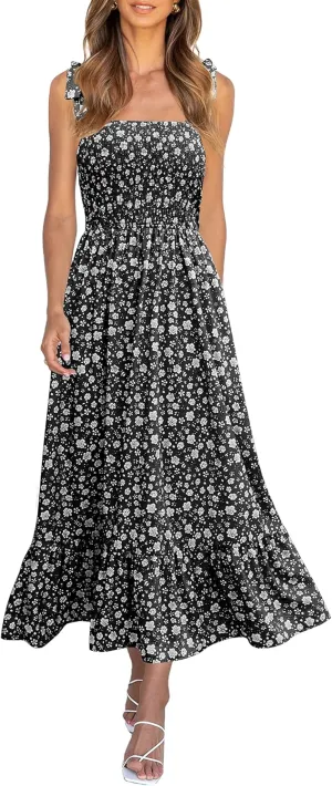 Imily Bela Womens Summer Dress Tie Strap Boho Floral Beach Dress Square Neck Ruffle Sun Dresses A Line Smocked Maxi Dress