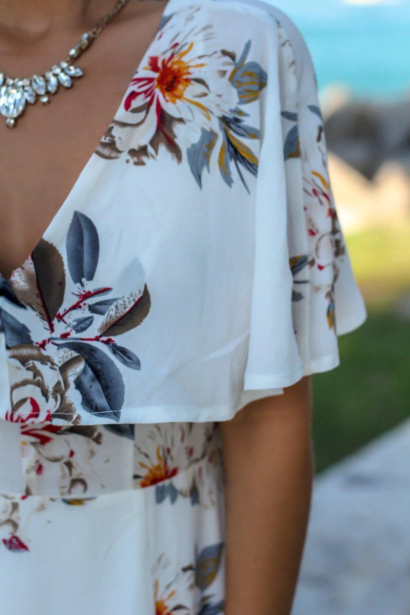 Ivory Floral V-Neck Maxi Dress with Criss Cross Back