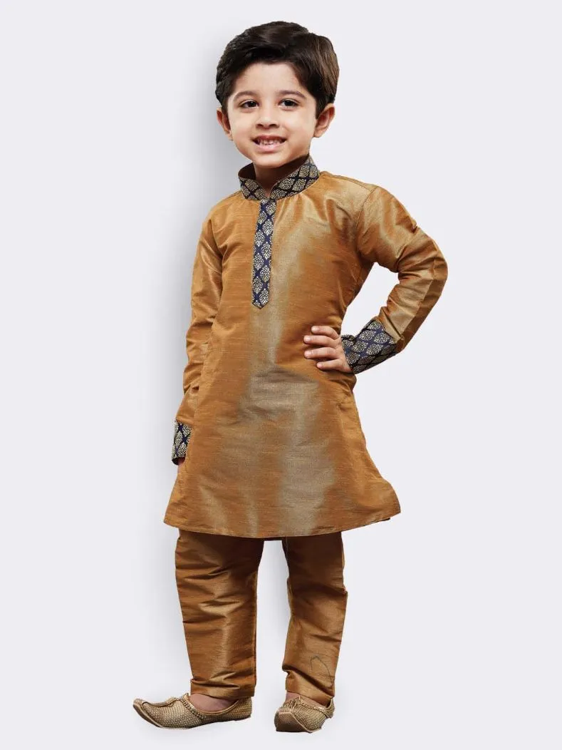 Jashvi Boys' Gold Cotton Silk Kurta and Pyjama Set