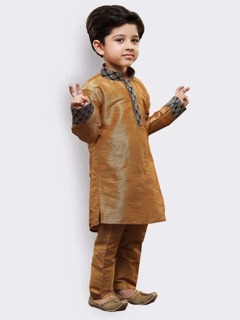 Jashvi Boys' Gold Cotton Silk Kurta and Pyjama Set