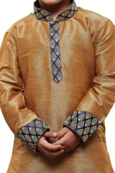 Jashvi Boys' Gold Cotton Silk Kurta and Pyjama Set