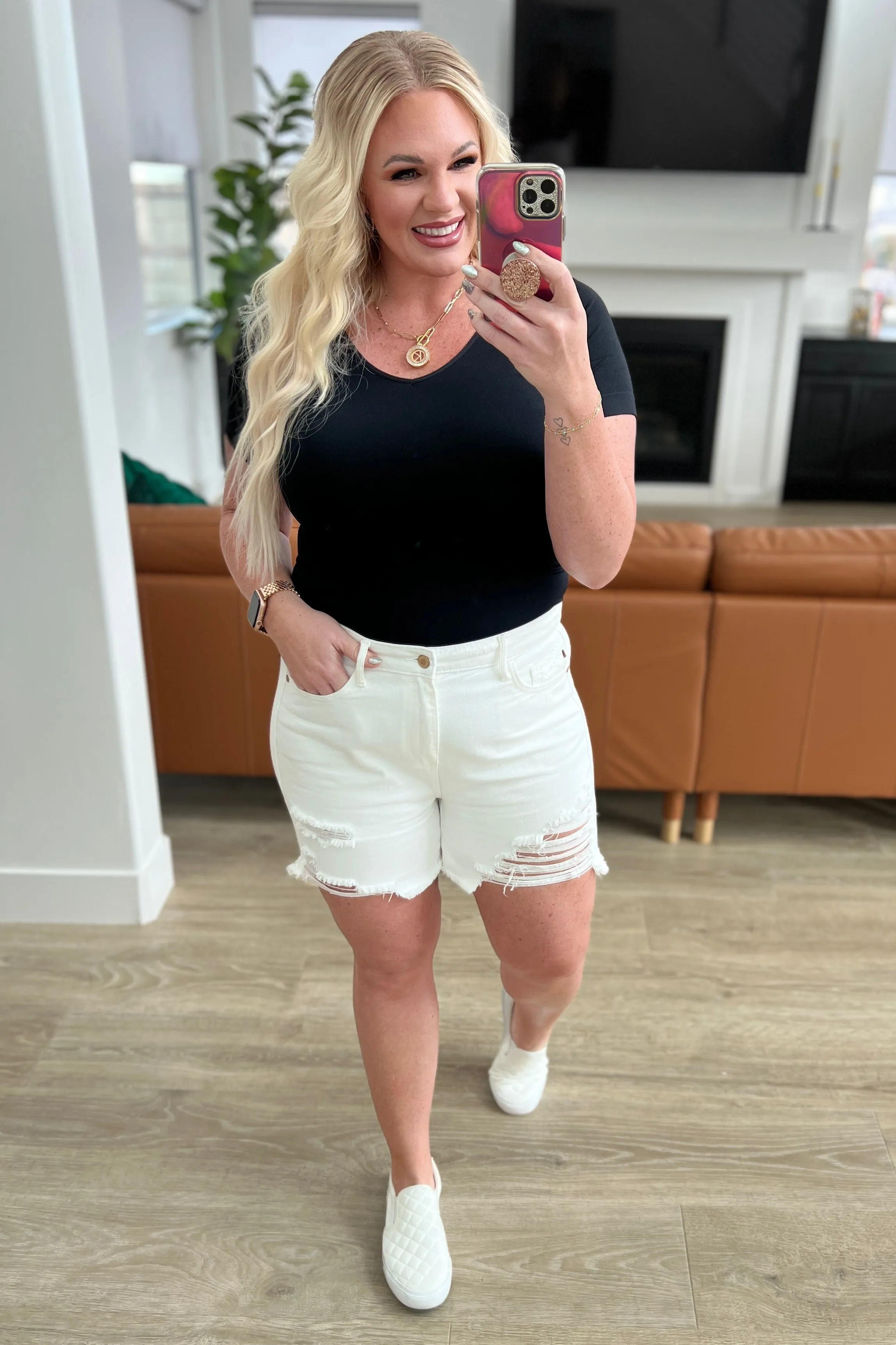 Jessie Judy Blue High Rise Rigid Magic Cutoff Shorts in White