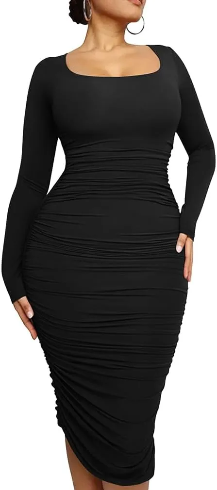 LAGSHIAN Women's Plus Size Sexy Bodycon Long Sleeve Scoop Neck Ruched Basic Midi Party Dress