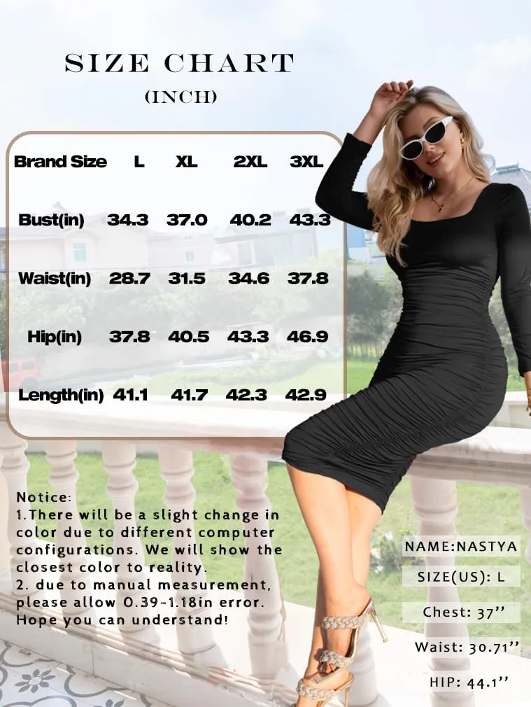 LAGSHIAN Women's Plus Size Sexy Bodycon Long Sleeve Scoop Neck Ruched Basic Midi Party Dress