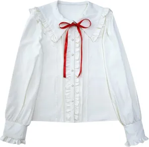 Lolita Women Ruffle Sailor Collar Blouse Shirt Kawaii Teen Bow Tie Cat Ears Fashion Button Front Junior Cute Tops