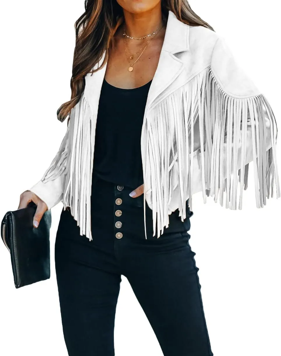 loveimgs Women Faux Suede Fringe Jacket Western Tassel Cropped Jacket Biker Motorcycle Leather Jacket