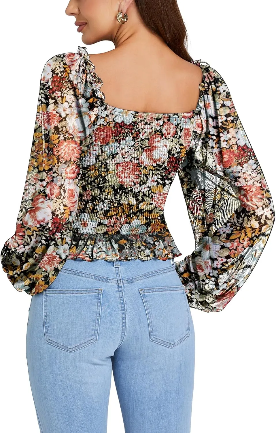 LYANER Women's Sweetheart Neck Self Tie Knot Shirred Back Mesh Lantern Long Sleeve Blouse Shirt Top