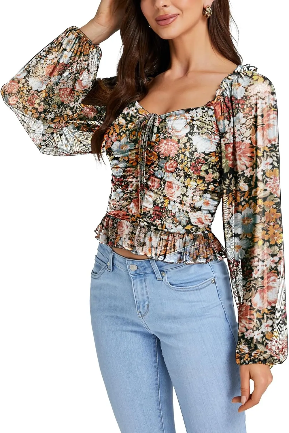 LYANER Women's Sweetheart Neck Self Tie Knot Shirred Back Mesh Lantern Long Sleeve Blouse Shirt Top