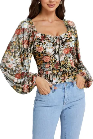 LYANER Women's Sweetheart Neck Self Tie Knot Shirred Back Mesh Lantern Long Sleeve Blouse Shirt Top