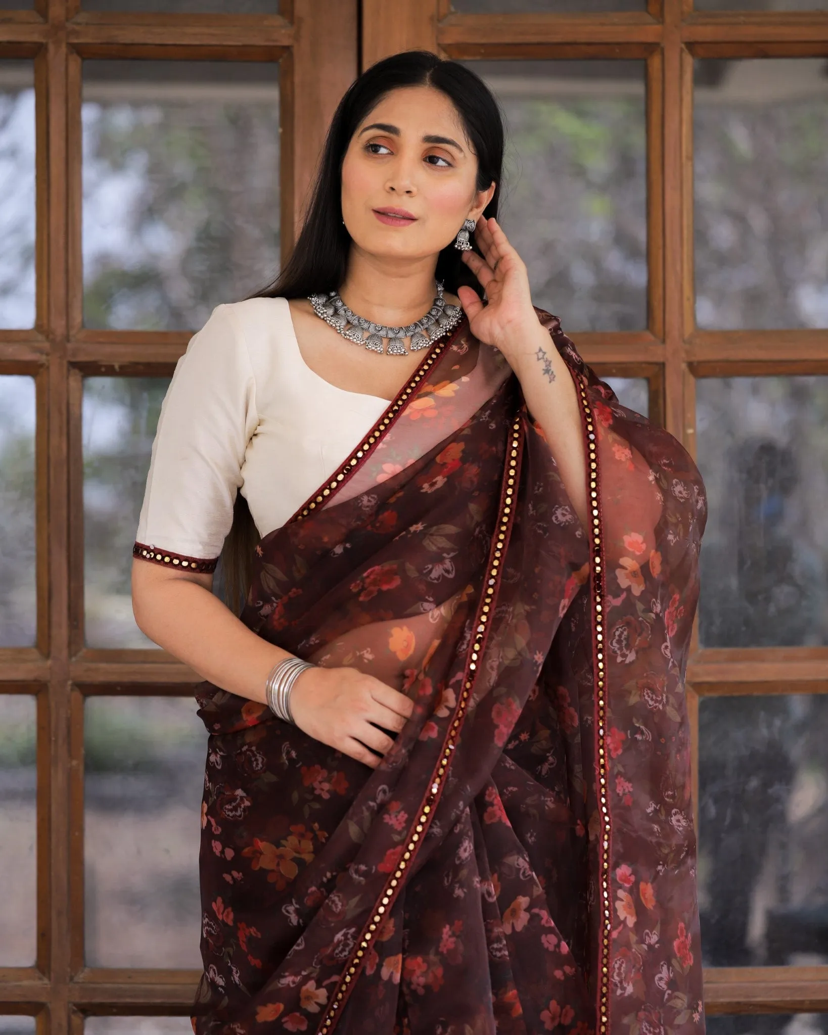 Maroon Color Lace Work Flower Print Organza Saree