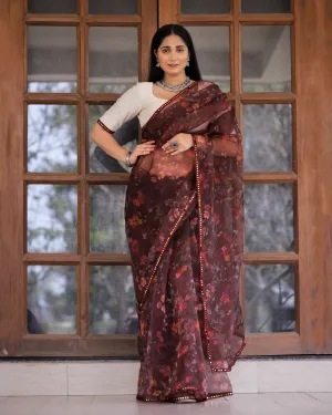 Maroon Color Lace Work Flower Print Organza Saree