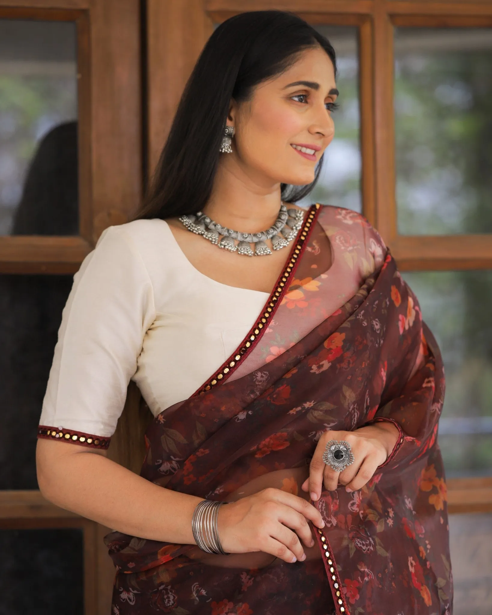 Maroon Color Lace Work Flower Print Organza Saree