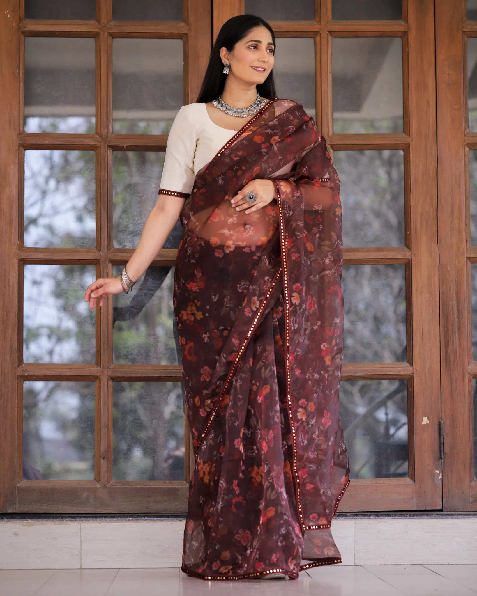 Maroon Color Lace Work Flower Print Organza Saree