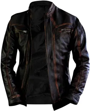 Men Leather Jacket - Mens Cafe Racer Motorcycle Jacket - Distressed Lambskin Biker Leather Jackets for Men