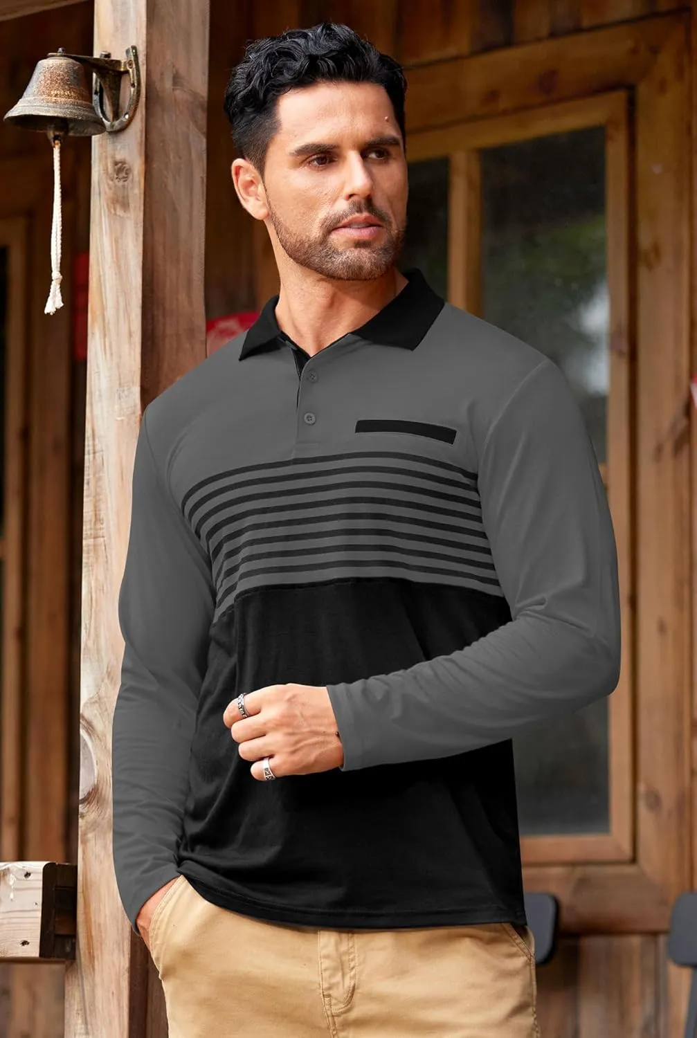 Mens Color Block Golf Polo Shirts Long Sleeve Striped Casual Shirt (S-XXL)