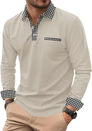 Mens Color Block Golf Polo Shirts Long Sleeve Striped Casual Shirt (S-XXL)