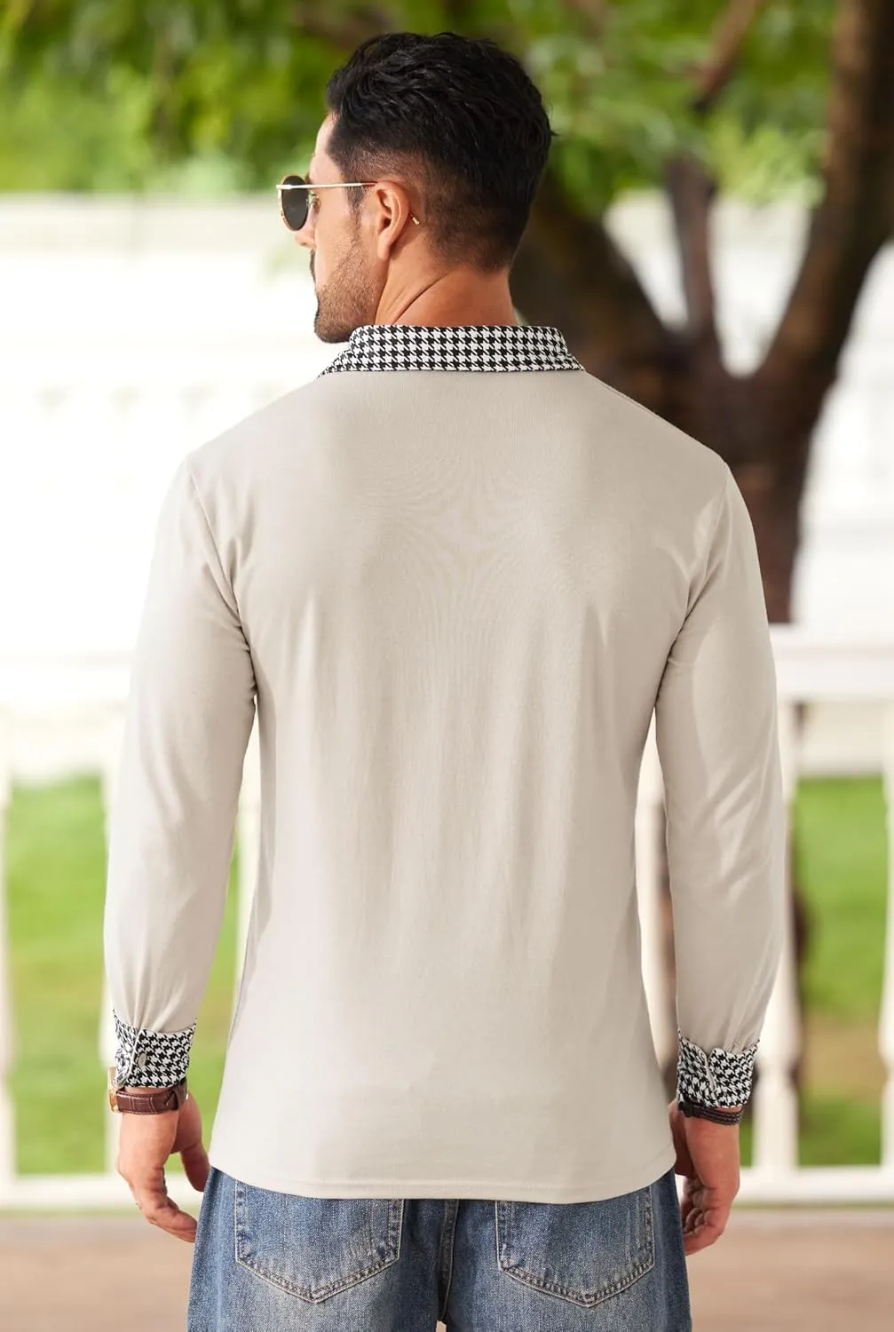 Mens Color Block Golf Polo Shirts Long Sleeve Striped Casual Shirt (S-XXL)