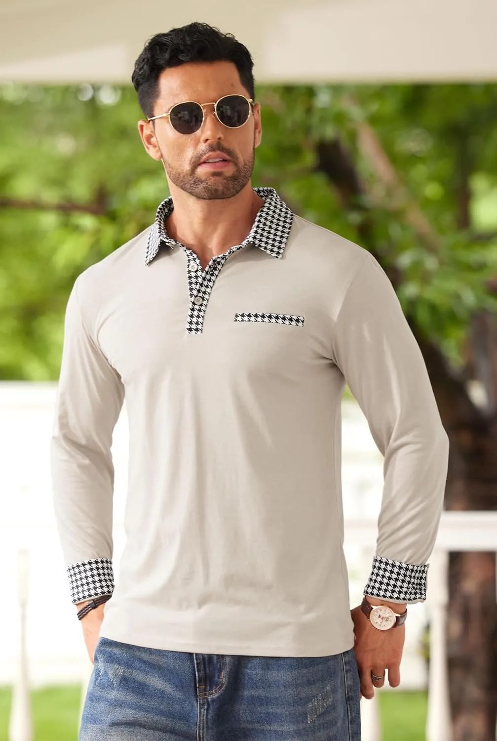 Mens Color Block Golf Polo Shirts Long Sleeve Striped Casual Shirt (S-XXL)