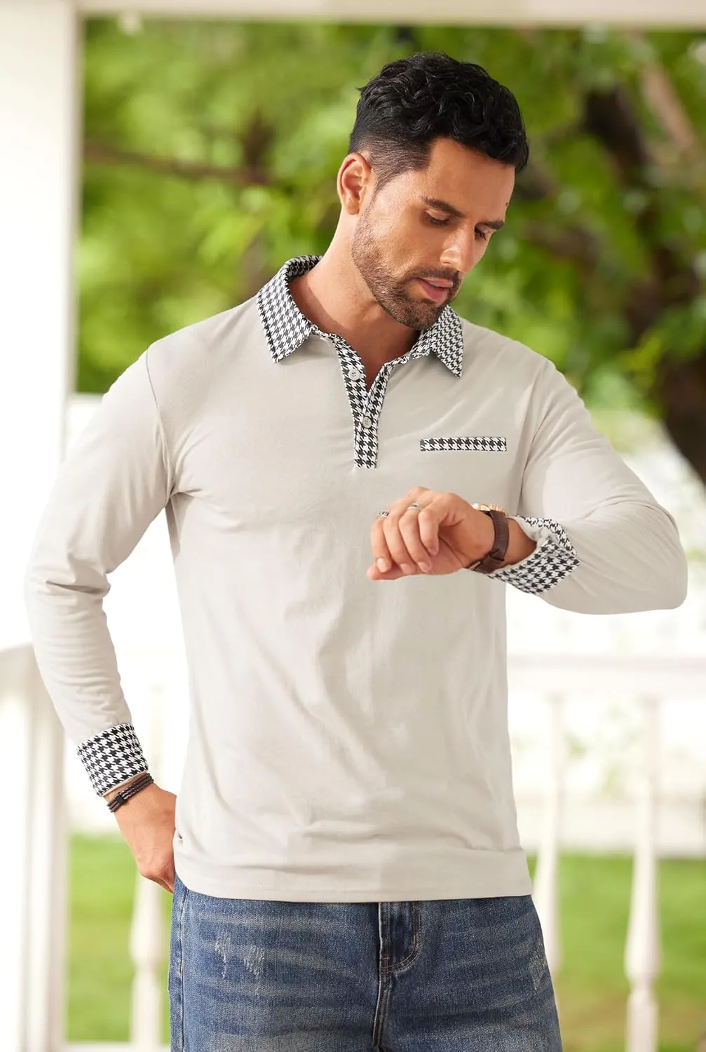 Mens Color Block Golf Polo Shirts Long Sleeve Striped Casual Shirt (S-XXL)