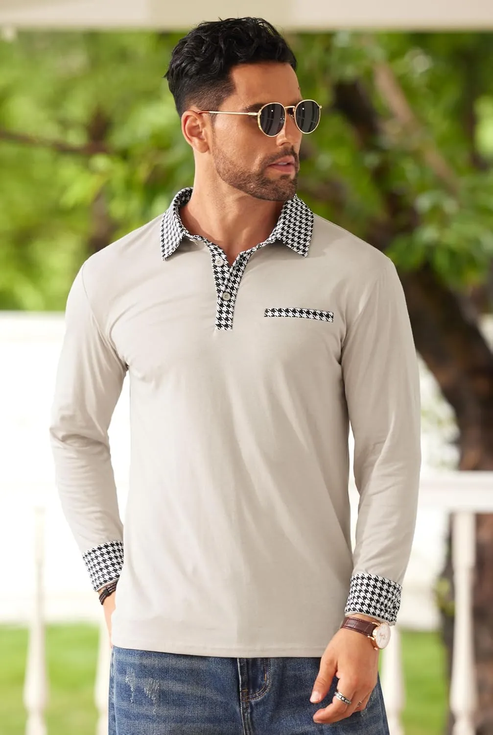 Mens Color Block Golf Polo Shirts Long Sleeve Striped Casual Shirt (S-XXL)