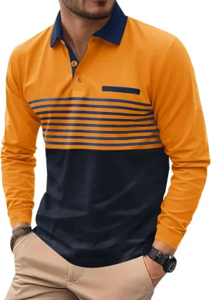 Mens Color Block Golf Polo Shirts Long Sleeve Striped Casual Shirt (S-XXL)