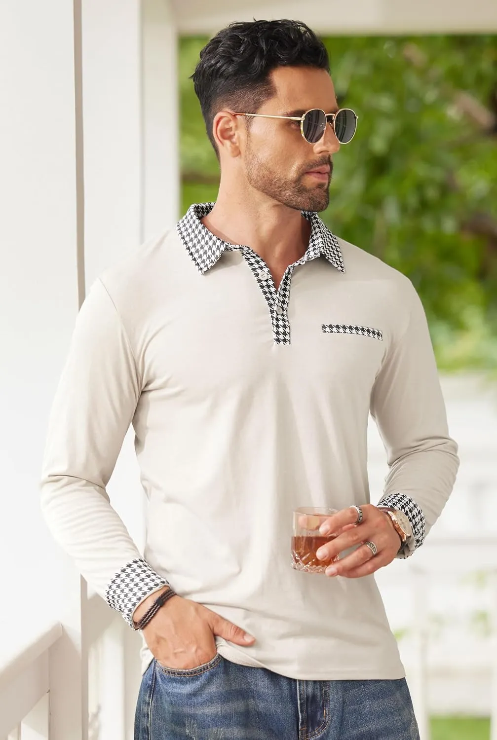 Mens Color Block Golf Polo Shirts Long Sleeve Striped Casual Shirt (S-XXL)