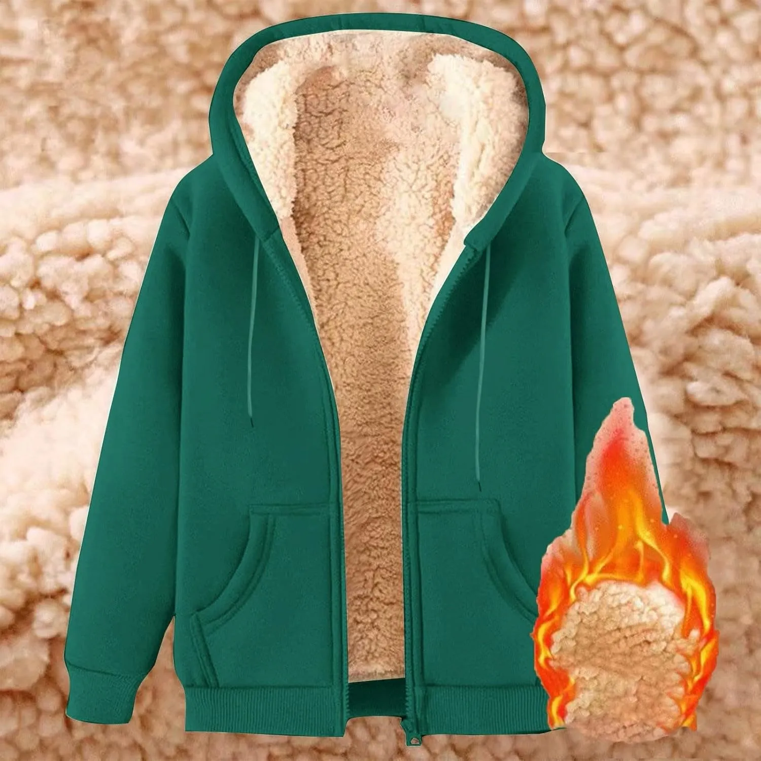 Mens Hooded Fleece Lined Thicken Sweatshirt Jackets Fuzzy Loose Sport Coat Full Zipper Solid Jacket with Pockets